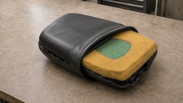 Motorrad-Sitzbank mit neuer Verbundschaumstofffüllung und teilweise aufgelegtem schwarzem Bezug